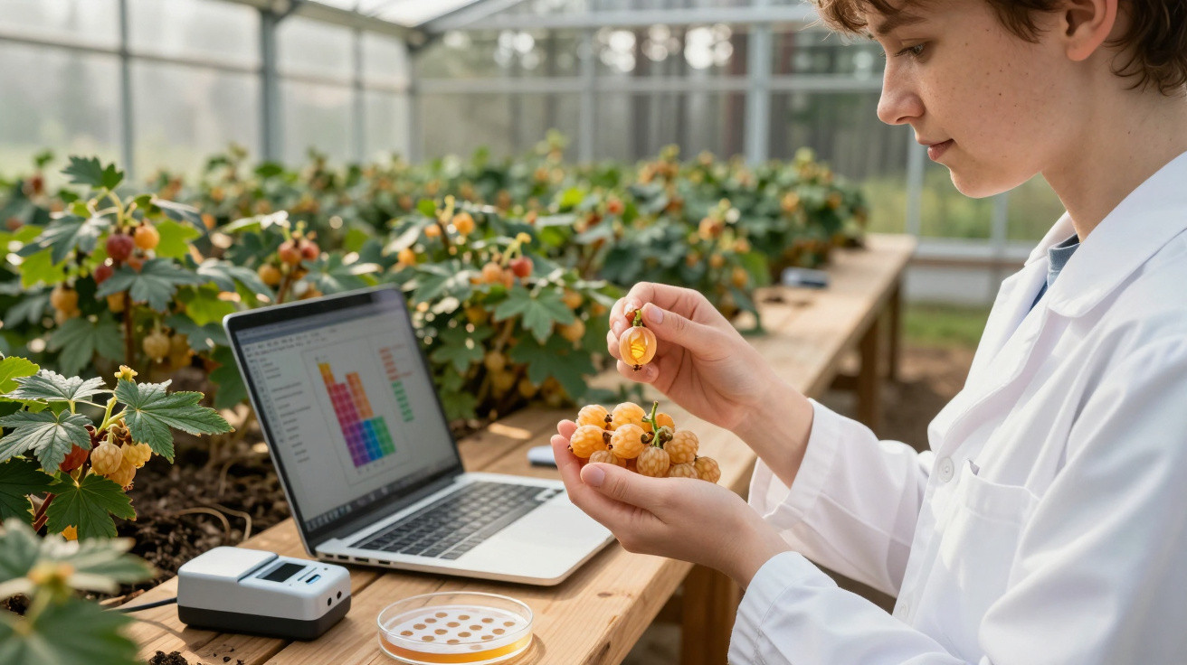 Forscherin im Labor untersucht gelbe Beeren vor Laptop und Messgerät in Gewächshaus mit Pflanzen.