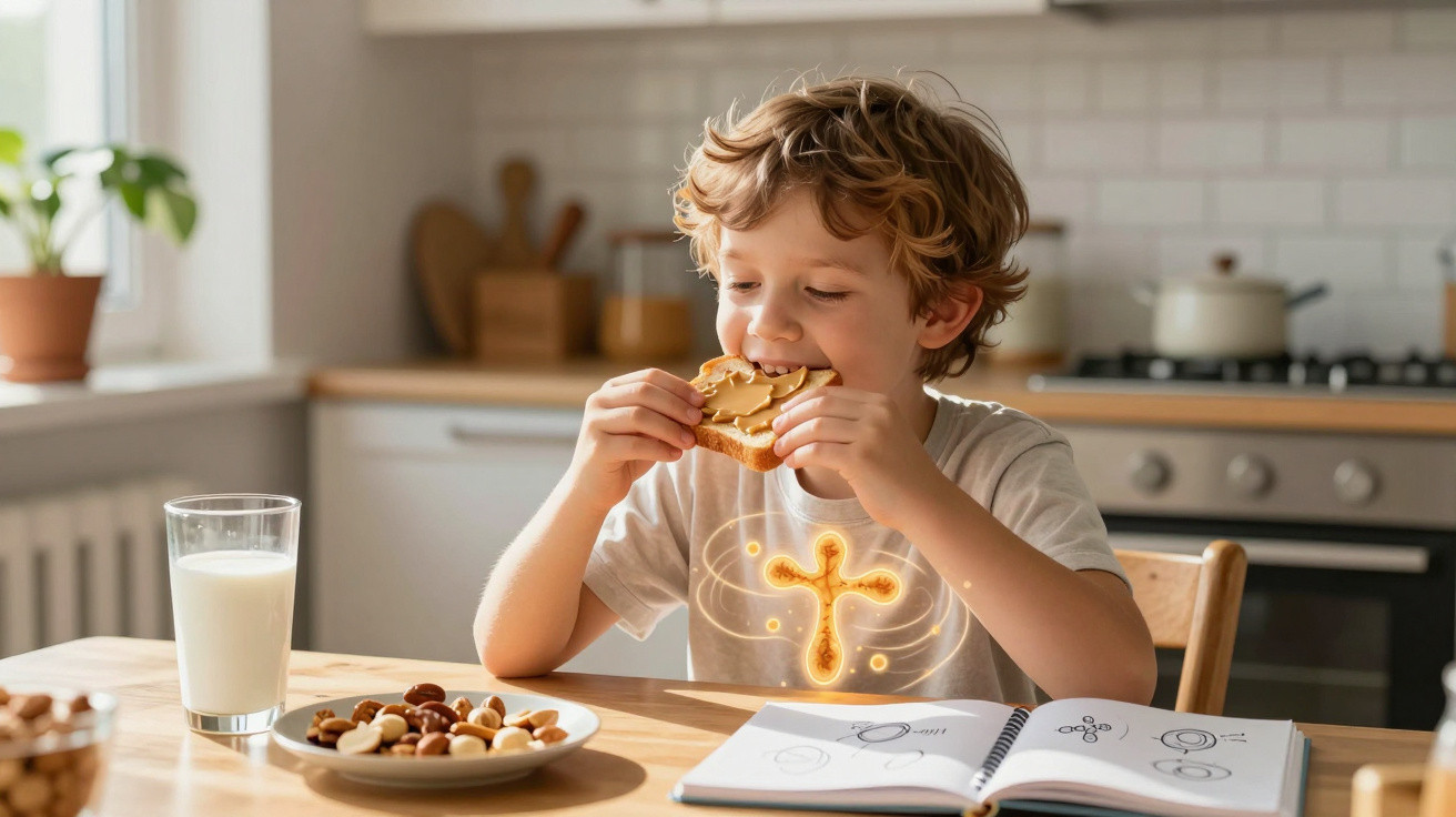 Junge isst Butterbrot am Tisch mit Glas Milch, Nüssen und offenem Buch in moderner Küche.