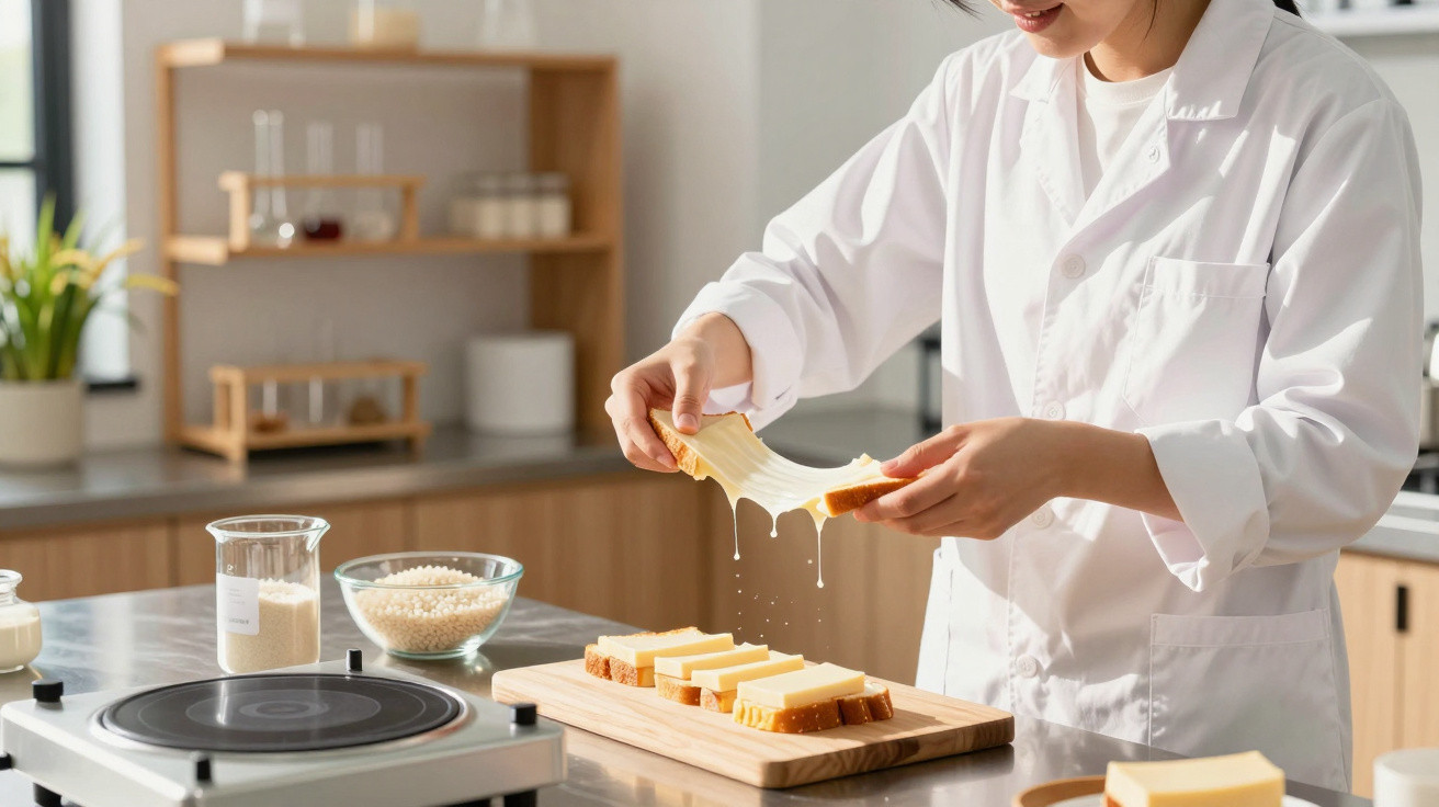 Person in weißem Kittel zieht geschmolzenen Käse von Toastbrot in moderner Küche auseinander.