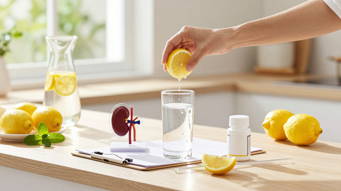 Hand presst Zitrone über Wasserglas, Modell einer Niere und Medikamentenflasche auf Tisch mit Zitronen.