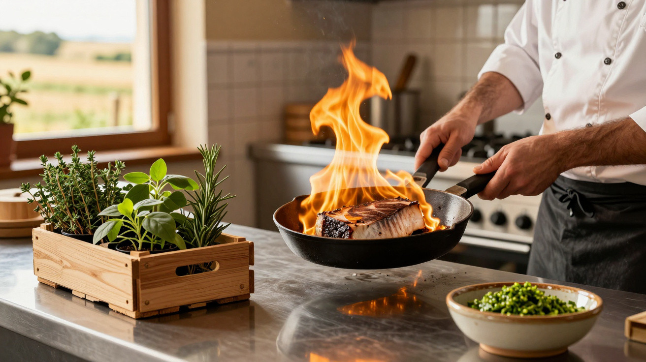 Koch brät ein großes Stück Fleisch in einer Pfanne mit aufflammendem Feuer in einer modernen Küche.