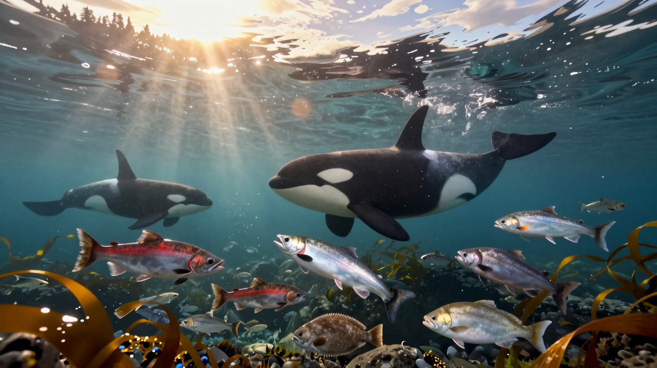 Orcas und verschiedene Fischarten schwimmen im klaren Meerwasser über einem Algenbewachsenen Meeresgrund.