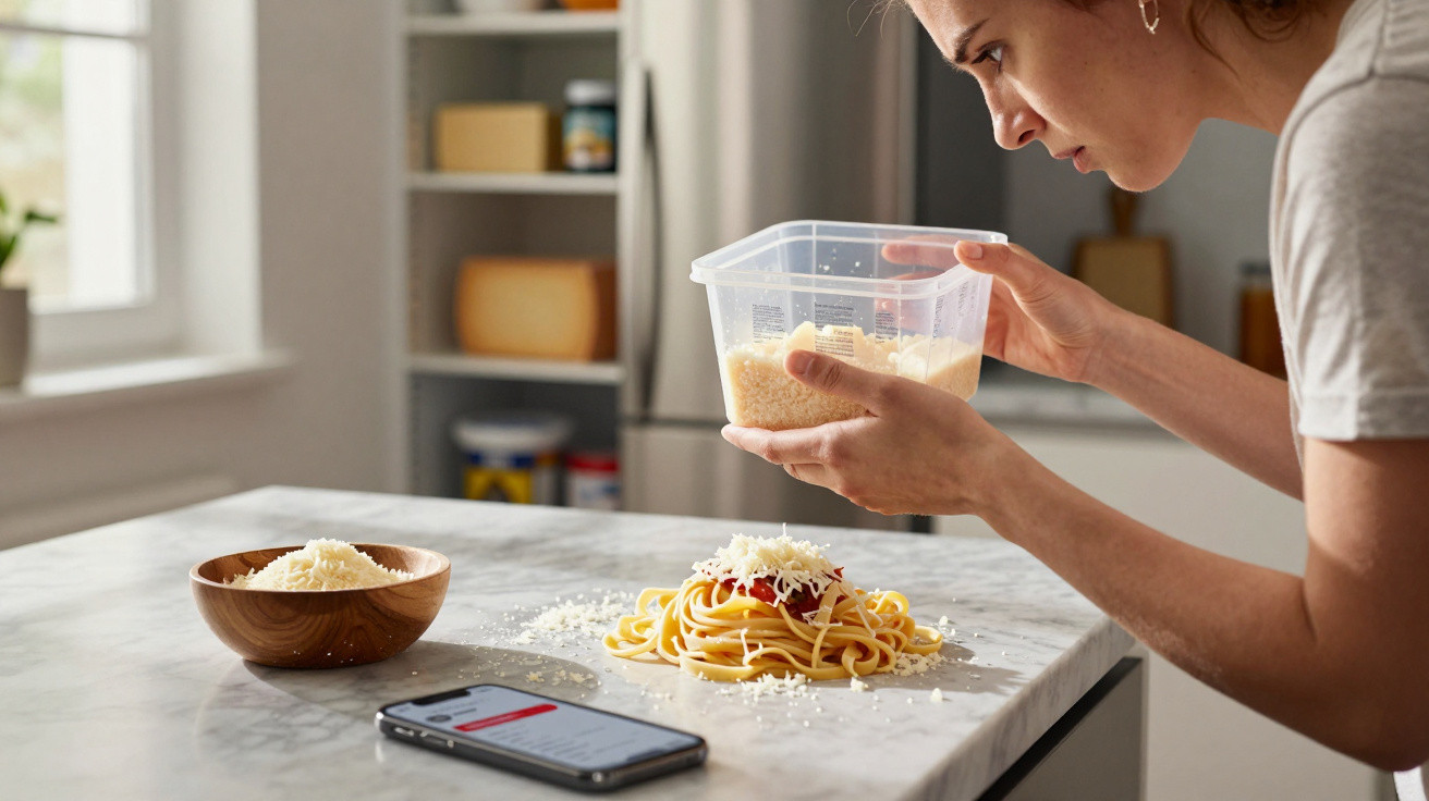 Frau bestreut Spaghetti mit geriebenem Käse in einer modernen Küche, Smartphone liegt auf der Arbeitsplatte.