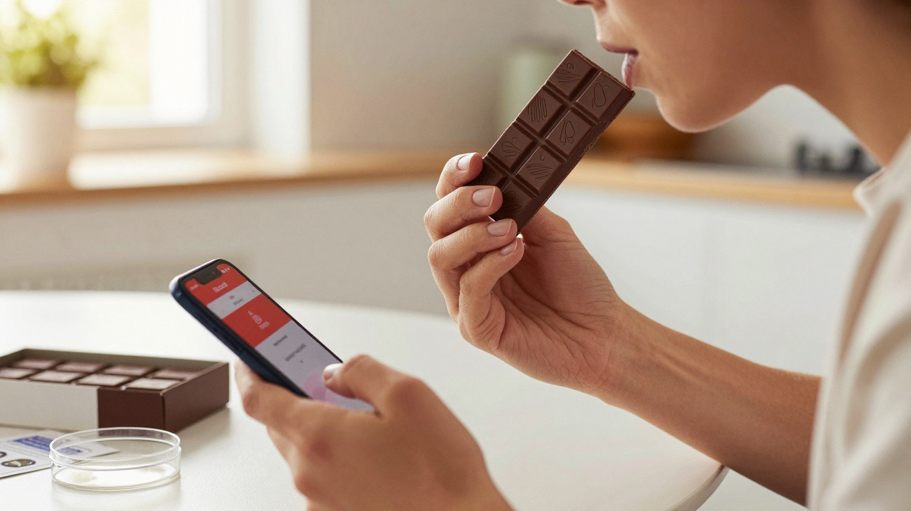 Person hält Schokoladentafel und Smartphone, sitzt am weißen Tisch mit Schokoladenverpackung im Hintergrund.