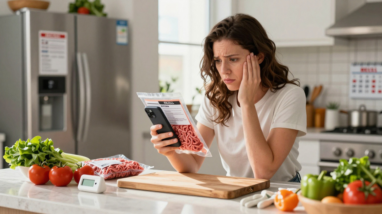Frau in moderner Küche prüft besorgt Zutaten auf einer Packung Hackfleisch.