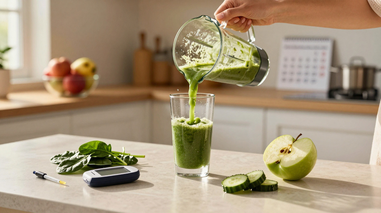 Grüner Smoothie wird aus einem Mixer in ein Glas gegossen, daneben liegen Gurkenscheiben, Apfel, Spinat und ein Blutzuckermes