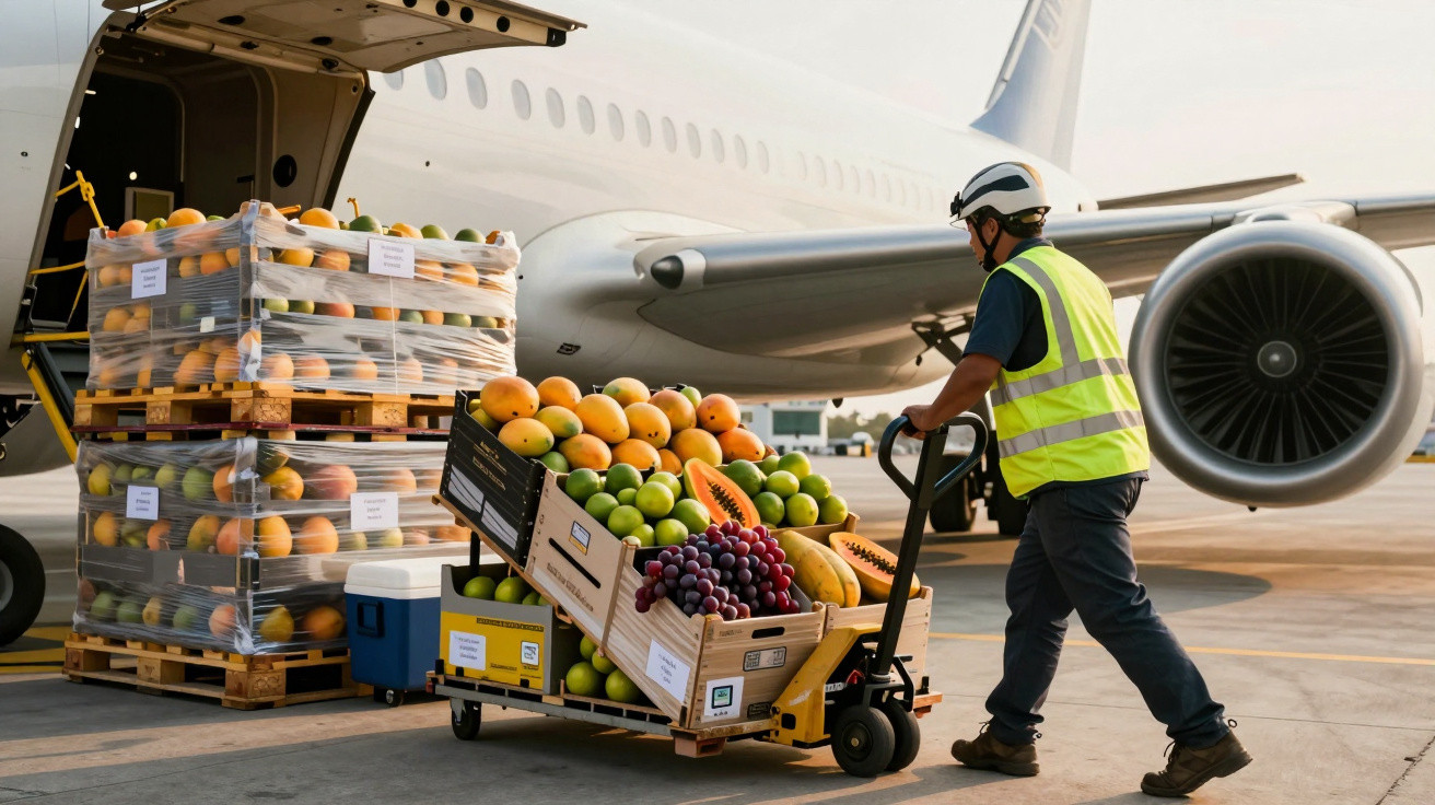 Mitarbeiter transportiert Kisten mit frischem Obst neben einem Flugzeug am Flughafen.
