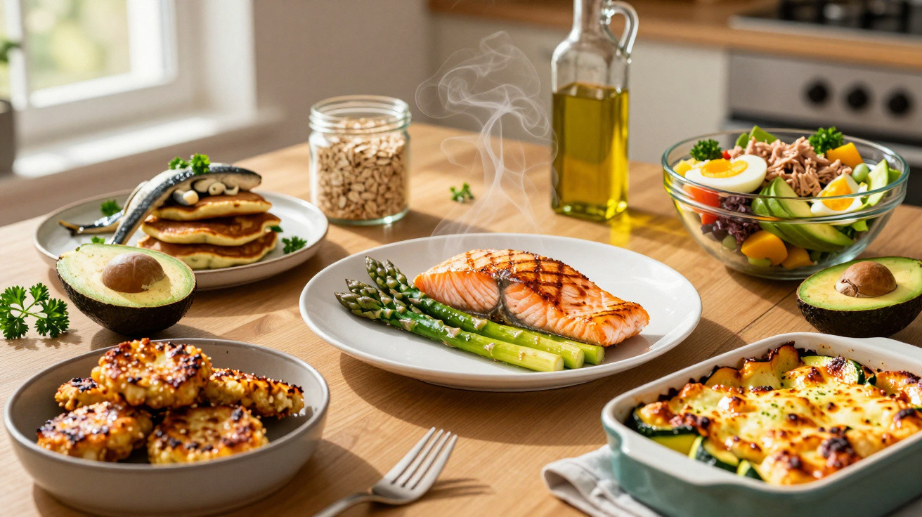 Verschiedene gesunde Gerichte mit gegrilltem Lachs, Spargel, Avocado, Salat, Pfannkuchen und Auflauf auf Holztisch.