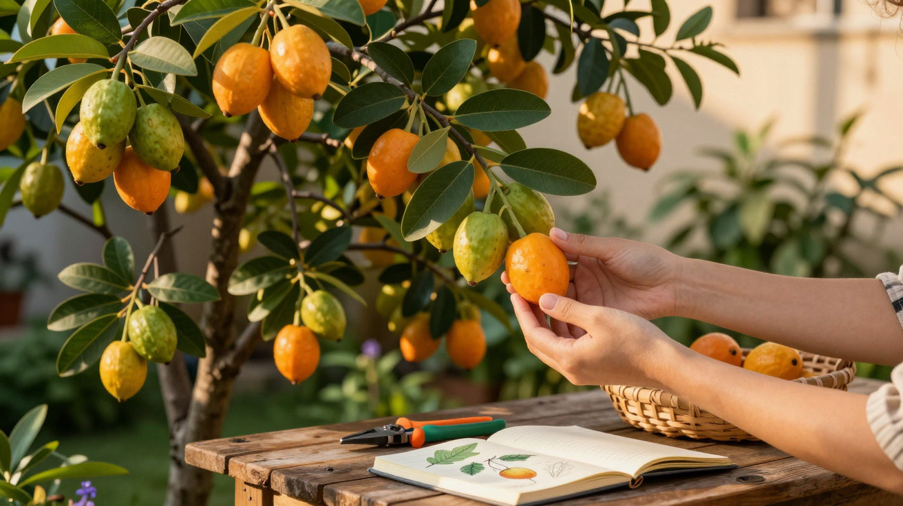 Hände ernten reife gelbe Früchte von einem Baum, daneben Gartenschere und gezeichneter Pflanzenführer.