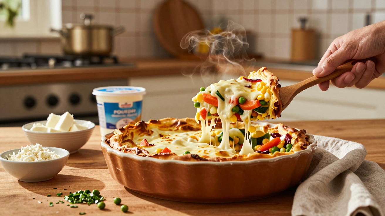 Gemüsekuchen mit geschmolzenem Käse wird mit Holzlöffel aus gebackener Form gehoben in moderner Küche.