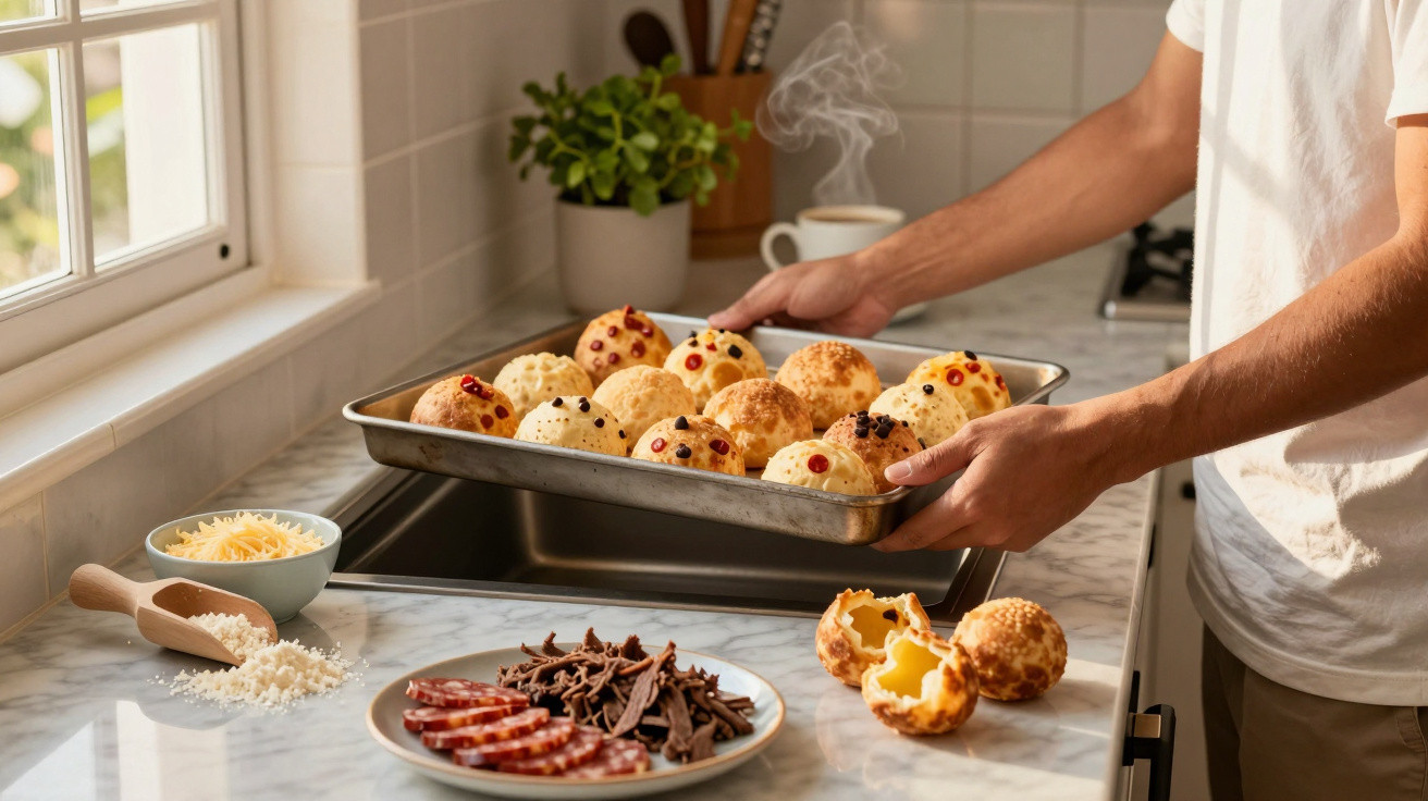 Person nimmt frisch gebackene Pão de Queijo aus dem Ofen, daneben Zutaten wie Käse und Wurst auf der Küchenarbeitsplatte.