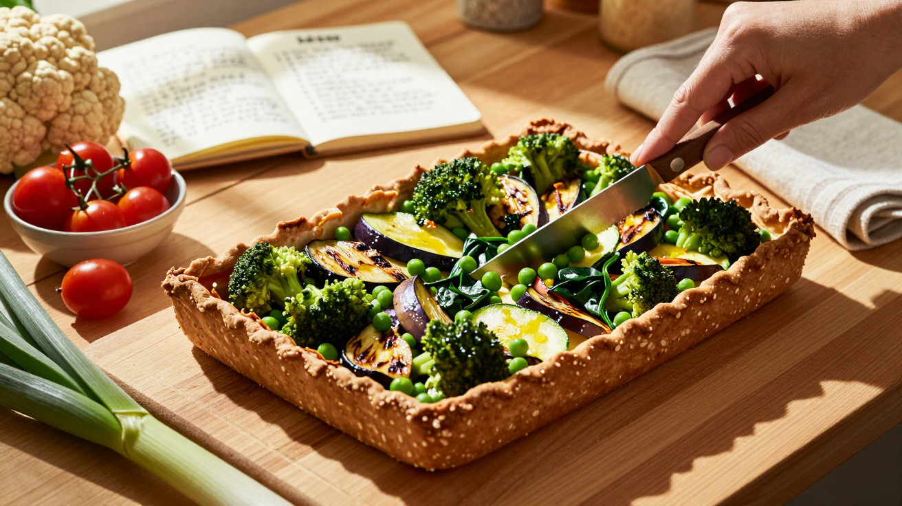 Hand schneidet vegetarische Quiche mit Brokkoli, Zucchini und Erbsen auf Holzuntergrund, Kochbuch im Hintergrund