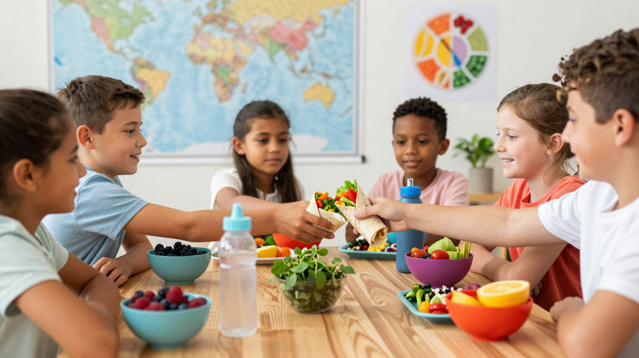 Fünf Kinder sitzen an einem Tisch mit Obst und Gemüse und prosten sich mit Wraps zu.
