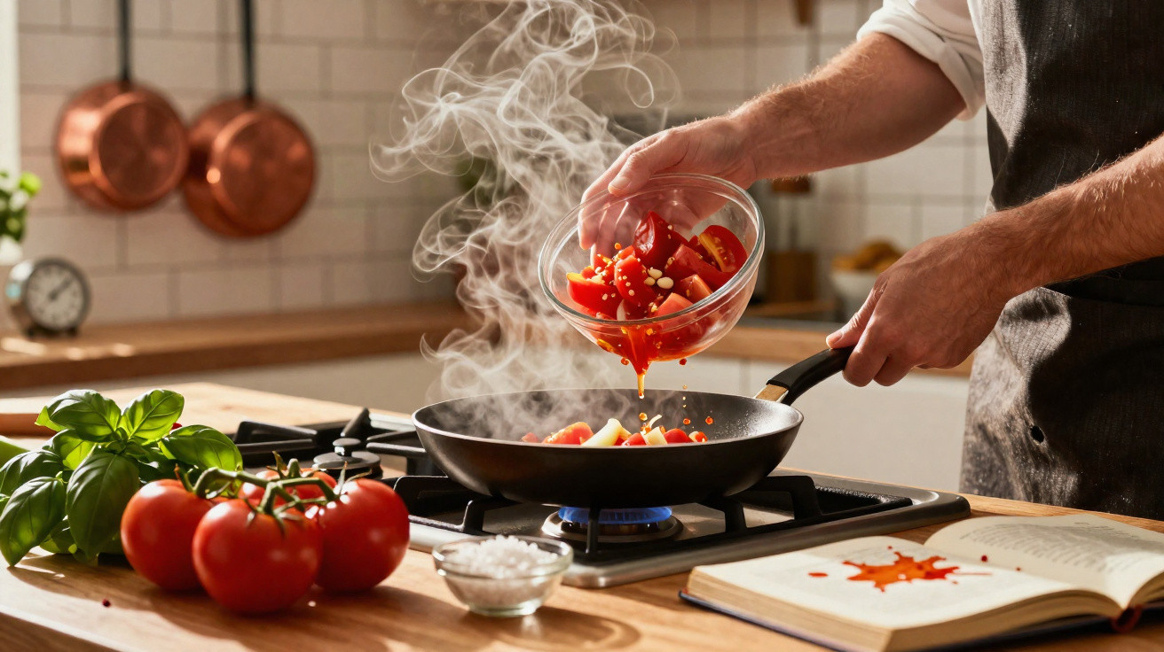 Person gießt Tomaten und Gewürze in eine Pfanne auf dem Herd in moderner Küche.