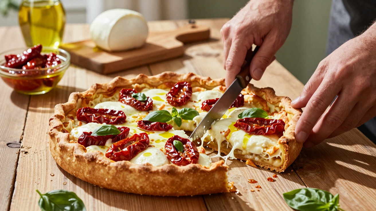 Hand schneidet Pizza mit Mozzarella, getrockneten Tomaten und Basilikum auf Holzuntergrund.