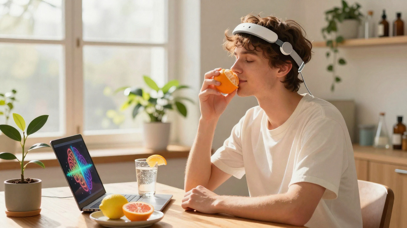 Junger Mann mit Kopfhörern riecht am Stück Grapefruit sitzend am Tisch mit Laptop und Früchten.