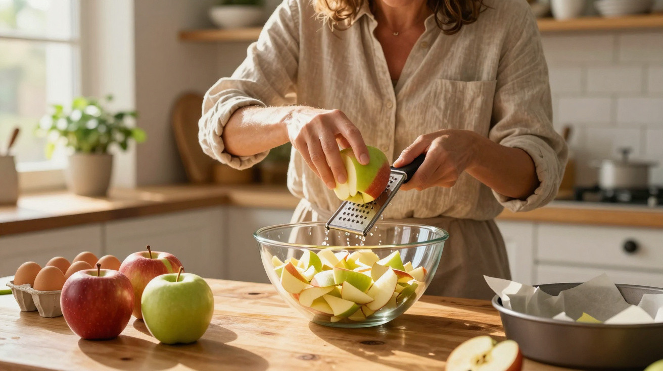 Frau raspelt Apfel über Glasschüssel in einer hellen Küche mit Eiern und Äpfeln auf dem Tisch.