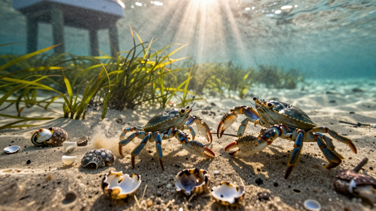 Zwei blaue Krabben im klaren Wasser auf Sandboden mit Muscheln und Wasserpflanzen bei Sonnenlicht.