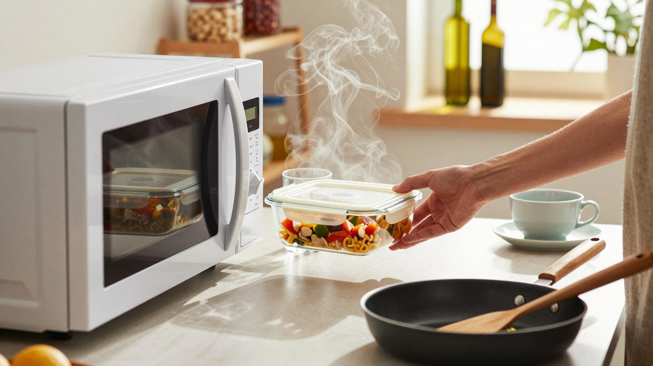 Dampfender Behälter mit Essen wird aus Mikrowelle auf Küchenarbeitsplatte gehoben, Pfanne und Tasse im Hintergrund.