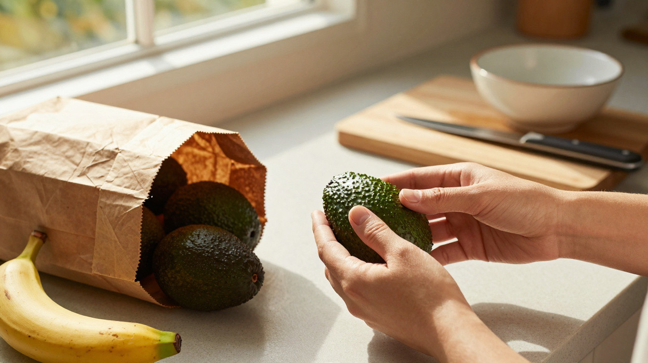 Person hält eine Avocado, mehrere Avocados und eine Banane liegen neben einer braunen Papiertüte auf der Küchenarbeitsplatte.