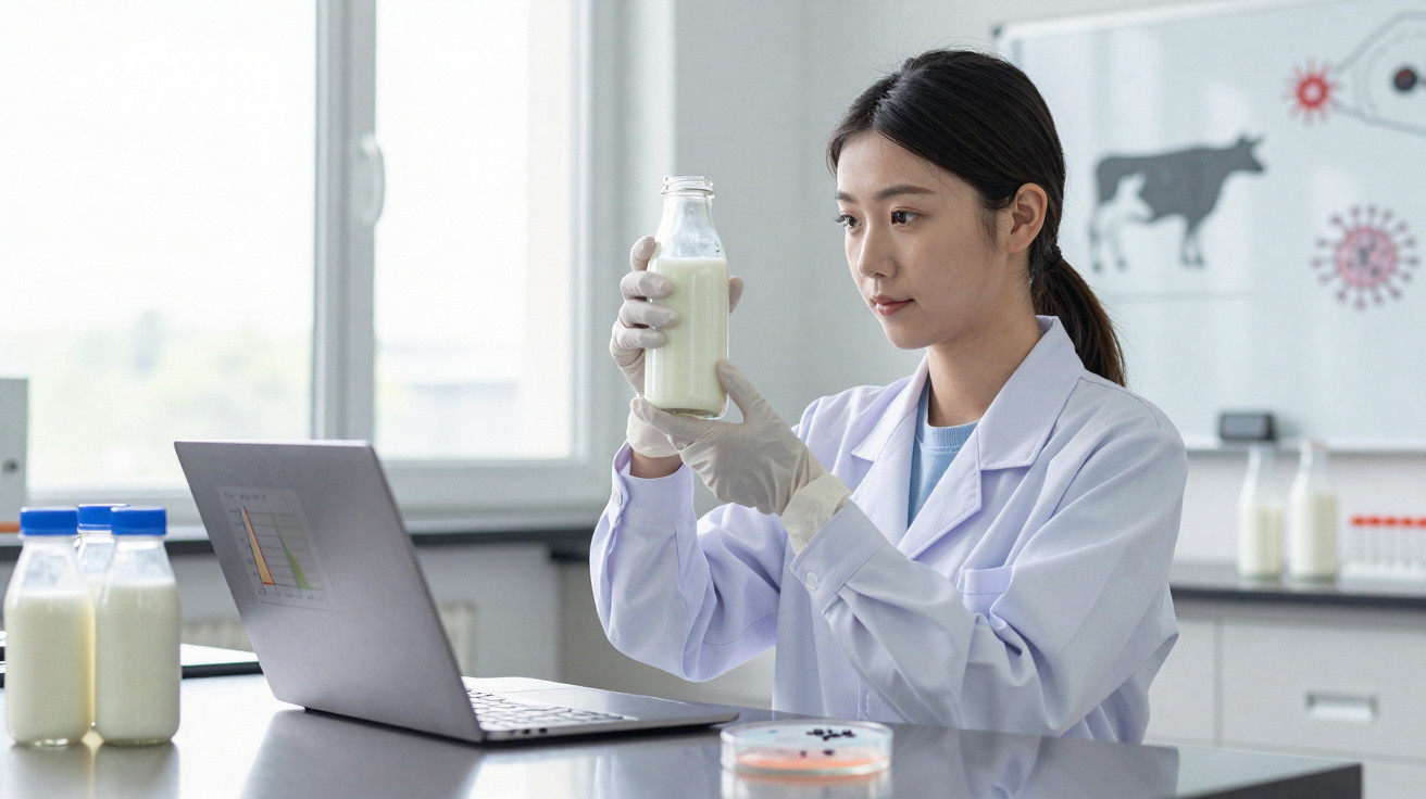 Wissenschaftlerin im Labor untersucht Milchflasche, sitzt vor Laptop, trägt weißen Kittel und Handschuhe.