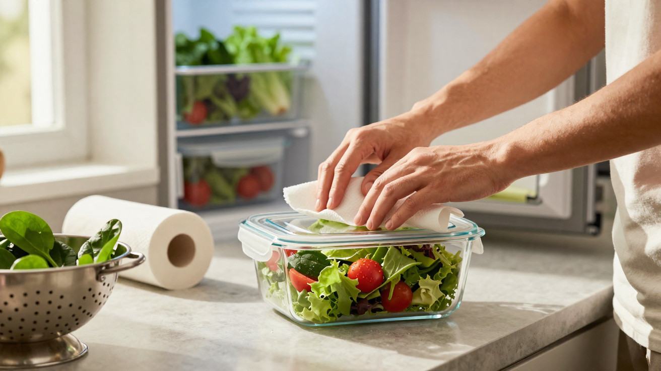 Person verschließt eine Frischhaltedose mit gemischtem Salat in heller Küche neben Spinat und Küchenpapier.