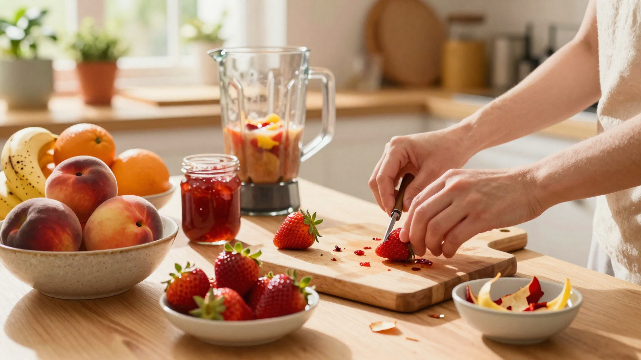 Person schneidet frische Erdbeeren auf einem Holzbrett in heller Küche mit Obst und Mixer im Hintergrund