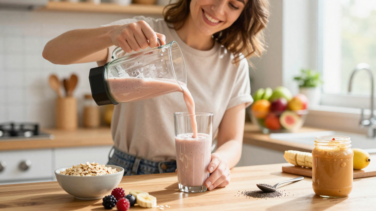 Frau gießt pinken Smoothie aus Mixer in Glas, Obst und Frühstückszutaten auf Holzarbeitsplatte in Küche.