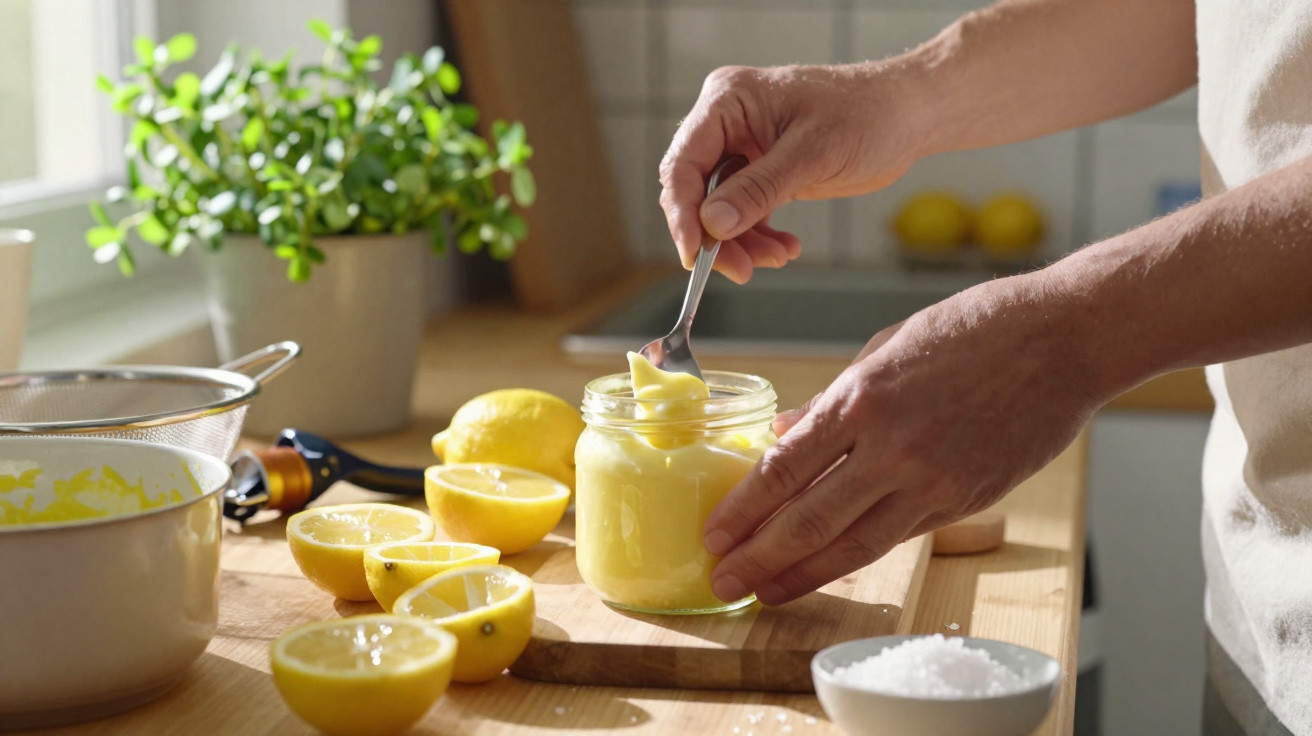 Person füllt Zitronencreme mit Löffel in Glas, umgeben von frischen Zitronen auf Holzarbeitsplatte.