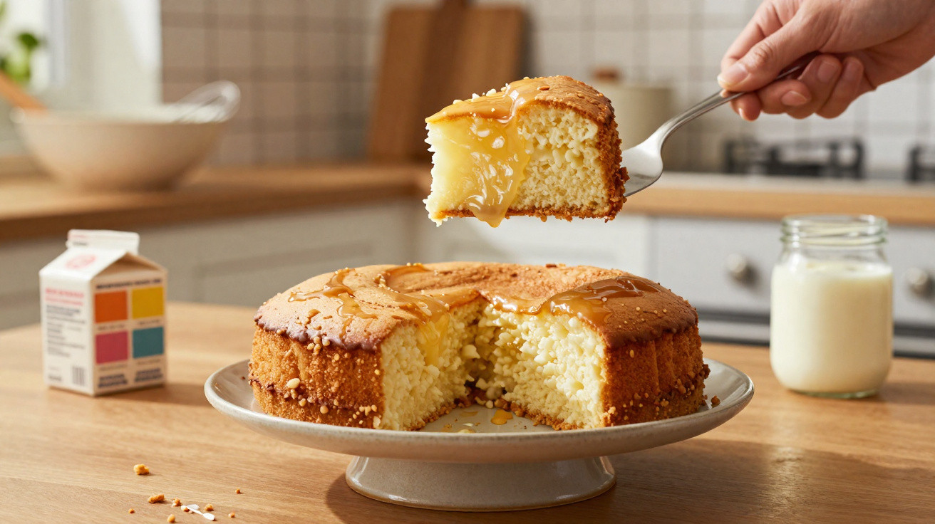 Saftiger Vanillekuchen mit flüssiger Karamellfüllung auf grauem Kuchenteller in moderner Küche.