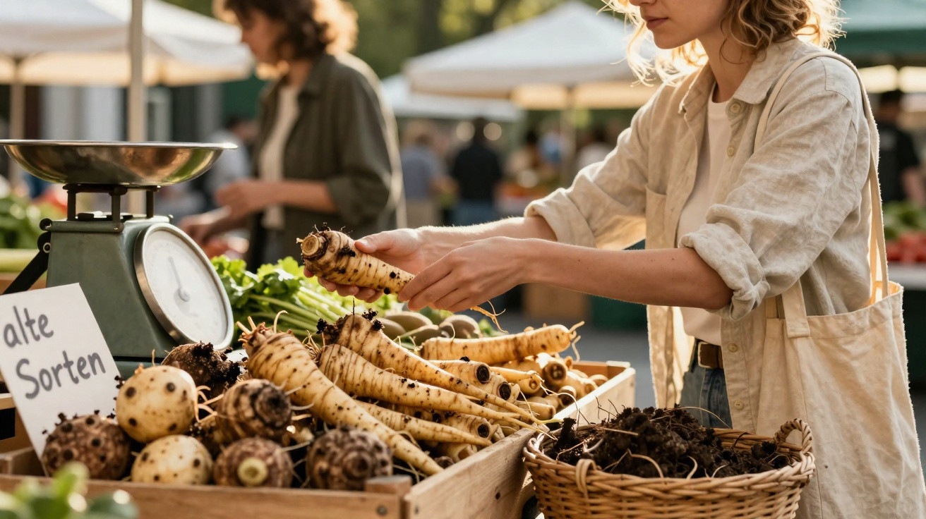 Frau wählt Wurzelgemüse an einem Marktstand mit „alte Sorten“ Schild aus.