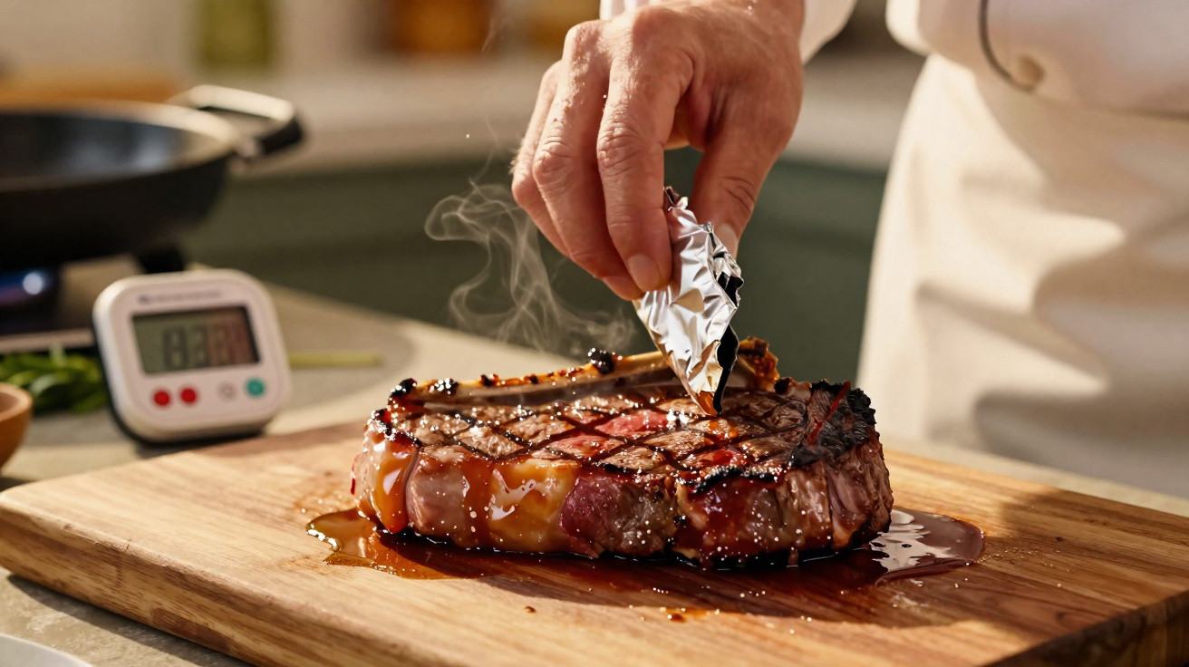 Ein Hand behandelt ein gegrilltes Steak auf einem Holzbrett in einer Küche.
