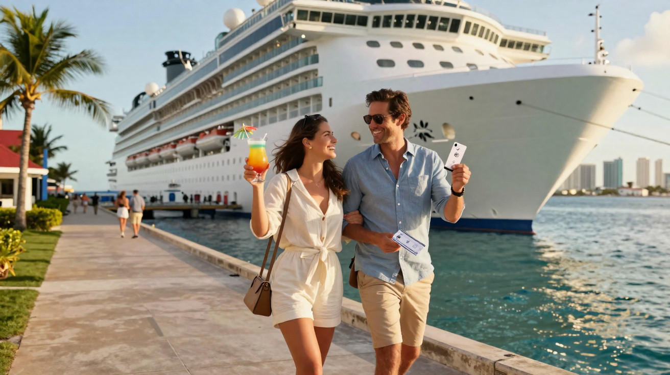 Paar mit Cocktail und Tickets läuft am Hafen entlang vor großem Kreuzfahrtschiff bei sonnigem Wetter.