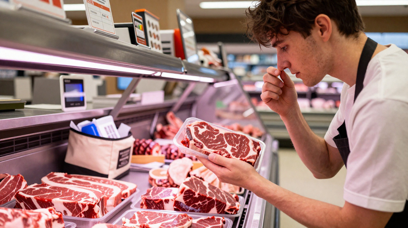 Mann prüft im Supermarkt aufmerksam ein verpacktes Stück rohes Fleisch in der Fleischtheke.