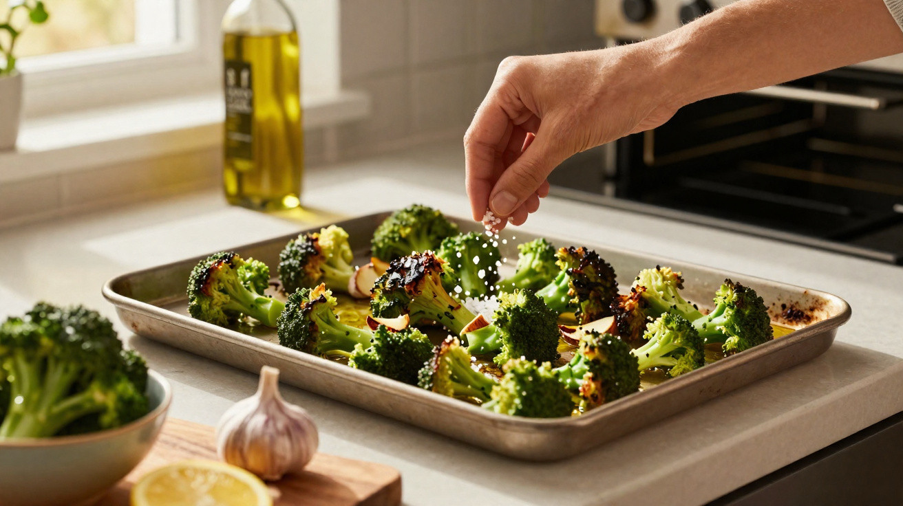 Hand bestreut gerösteten Brokkoli auf Backblech mit grobem Salz in moderner Küche.