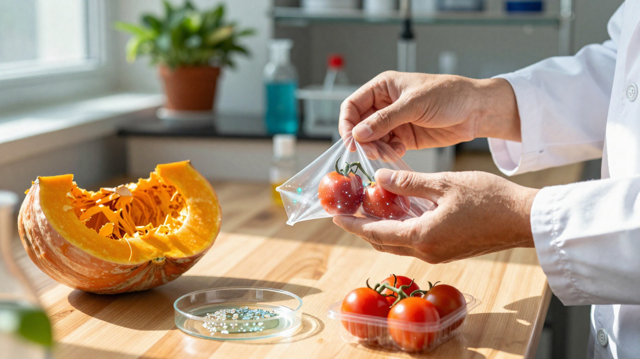 Hand in Laborjacke verpackt Kirschtomaten in transparente Folie, Kürbis und Petrischale auf Holztisch.
