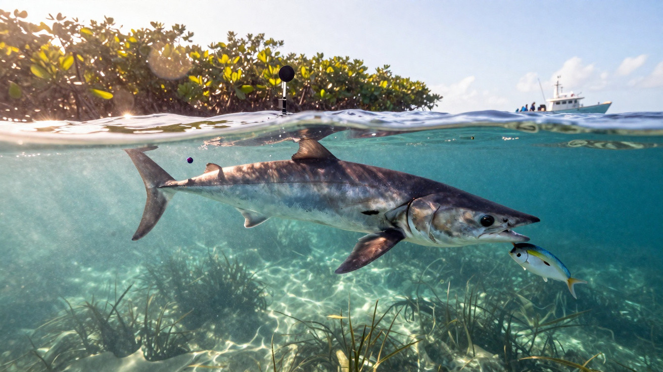Halb unter Wasser wird ein großer Fisch mit einer kleinen Kamera auf dem Rücken gezeigt, ein Boot ist im Hintergrund sichtbar