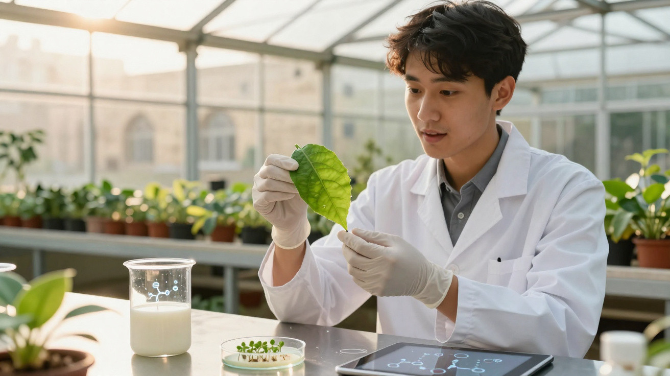 Junger Wissenschaftler untersucht im Gewächshaus ein Blatt und analysiert Pflanzenproben im Labor.