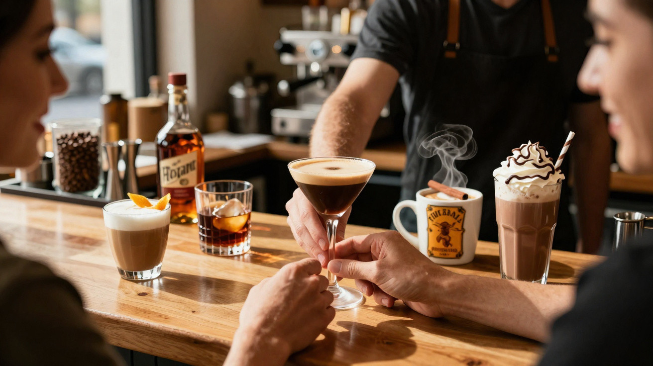 Zwei Personen an der Bar mit verschiedenen Kaffee- und Cocktailgetränken, Barkeeper serviert Drink.