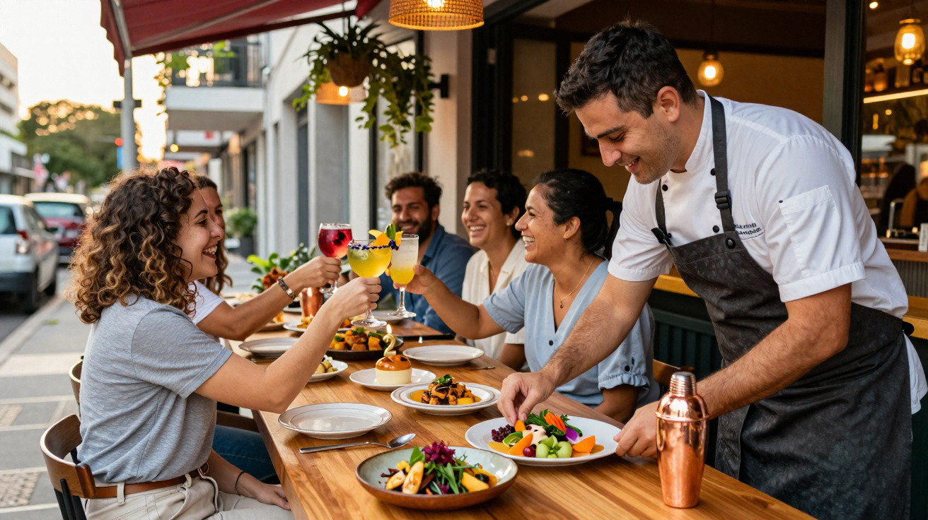 Freundliche Kellner servieren eine Gruppe lachender Menschen mit Cocktails und Essen im Außenbereich eines Restaurants.