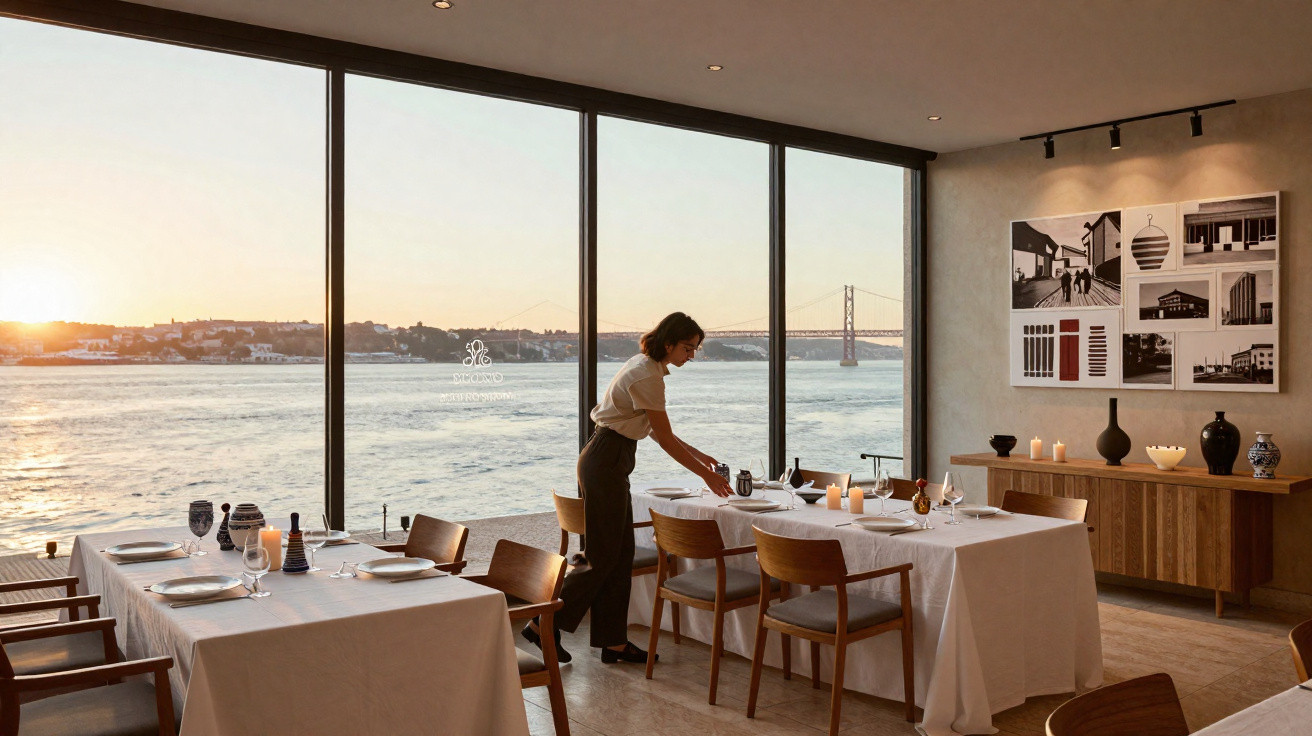 Person deckt gedeckten Tisch in elegantem Restaurant mit Blick auf Fluss und Brücke bei Sonnenuntergang.