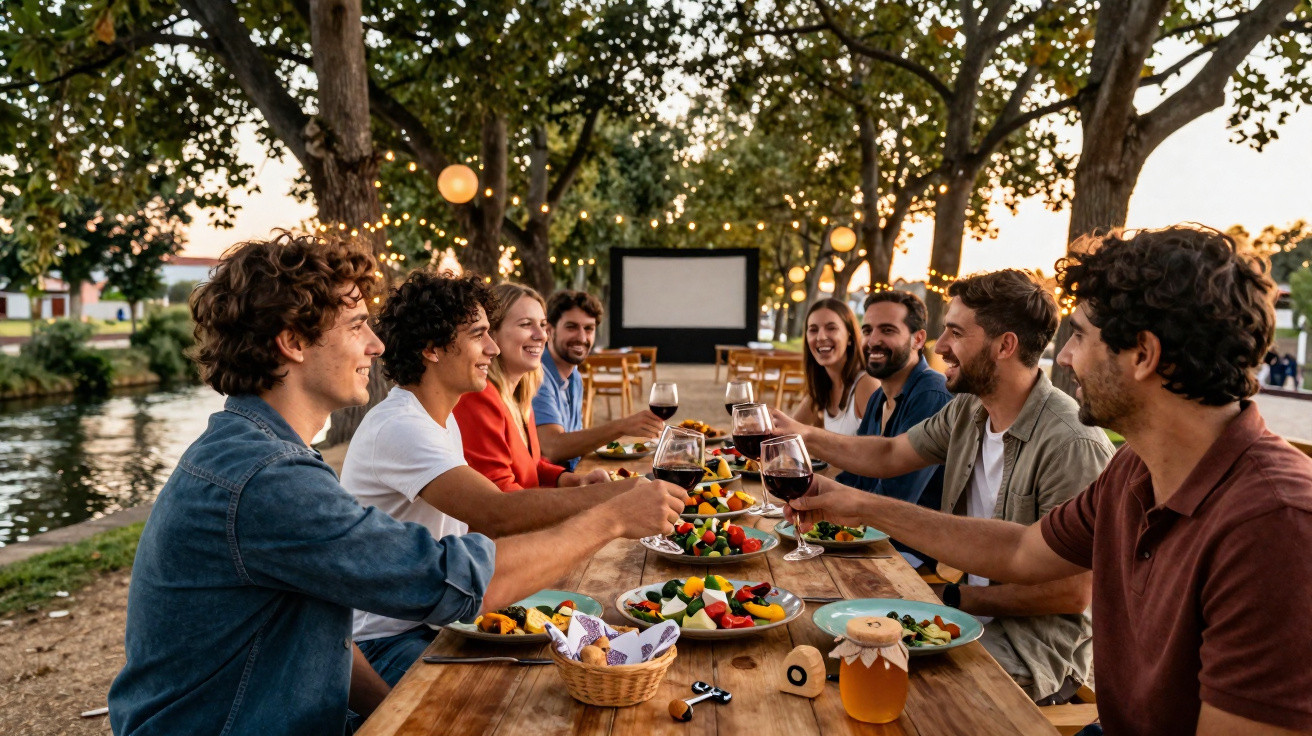 Freunde stoßen bei einem Abendessen im Freien am Wasser unter Lichterketten fröhlich mit Rotwein an.